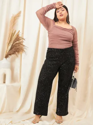 Berrylush Curve Women Solid Glitter Brown Square Neck Ruched Sleeves Slip-On Knitted Regular Top