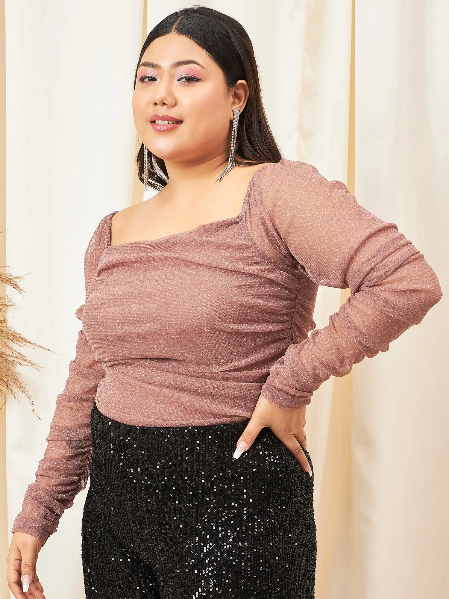 Berrylush Curve Women Solid Glitter Brown Square Neck Ruched Sleeves Slip-On Knitted Regular Top