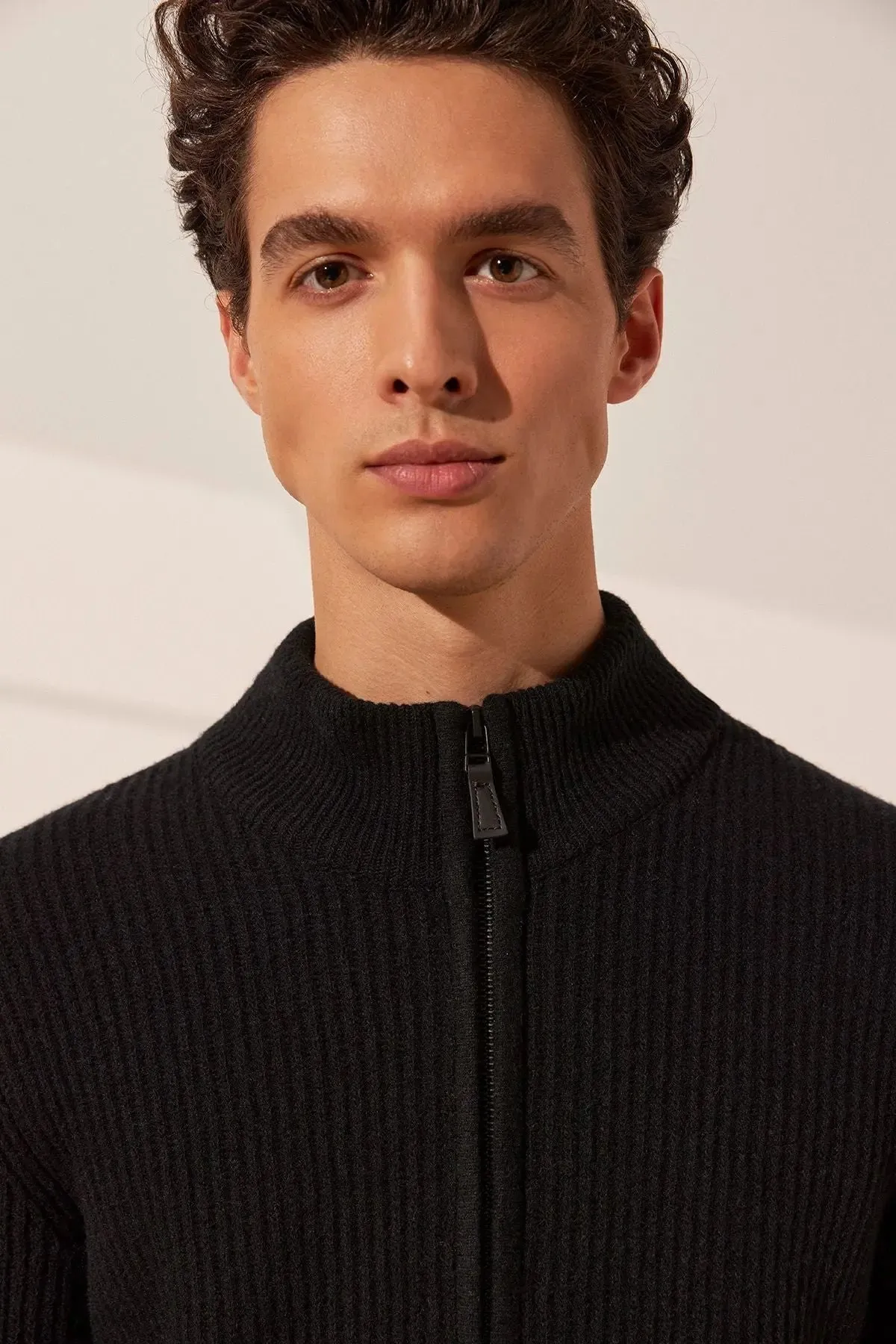 Black Wool Fabio Turtleneck Men's Cardigan