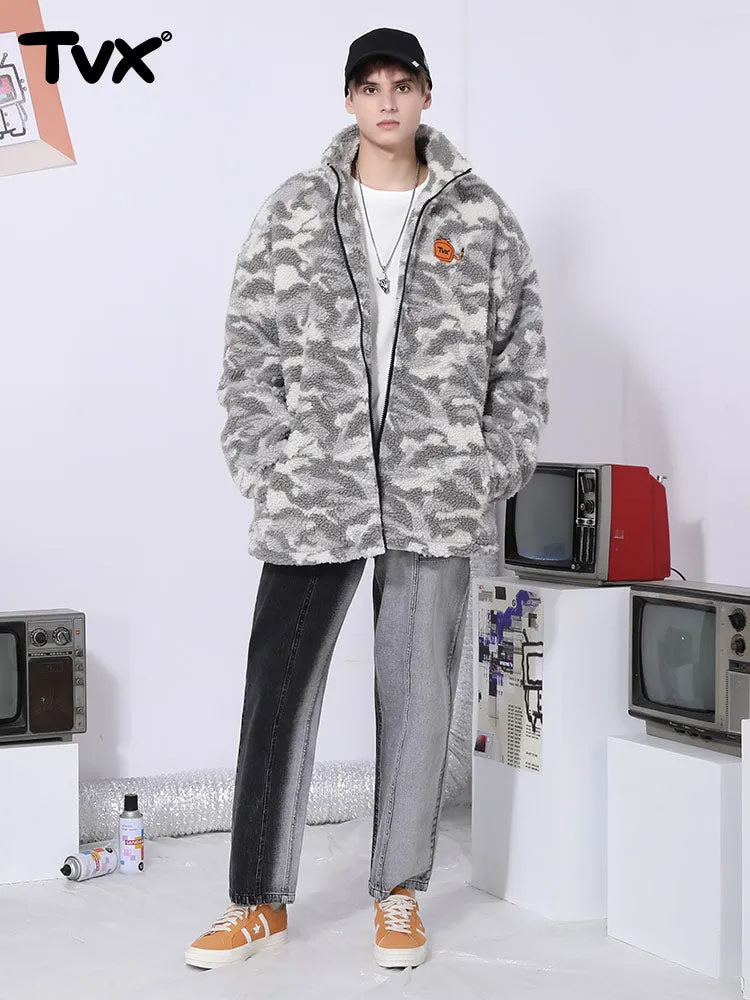 Camo TV embroidered stand-up collar zipper cashmere cotton-padded jacket