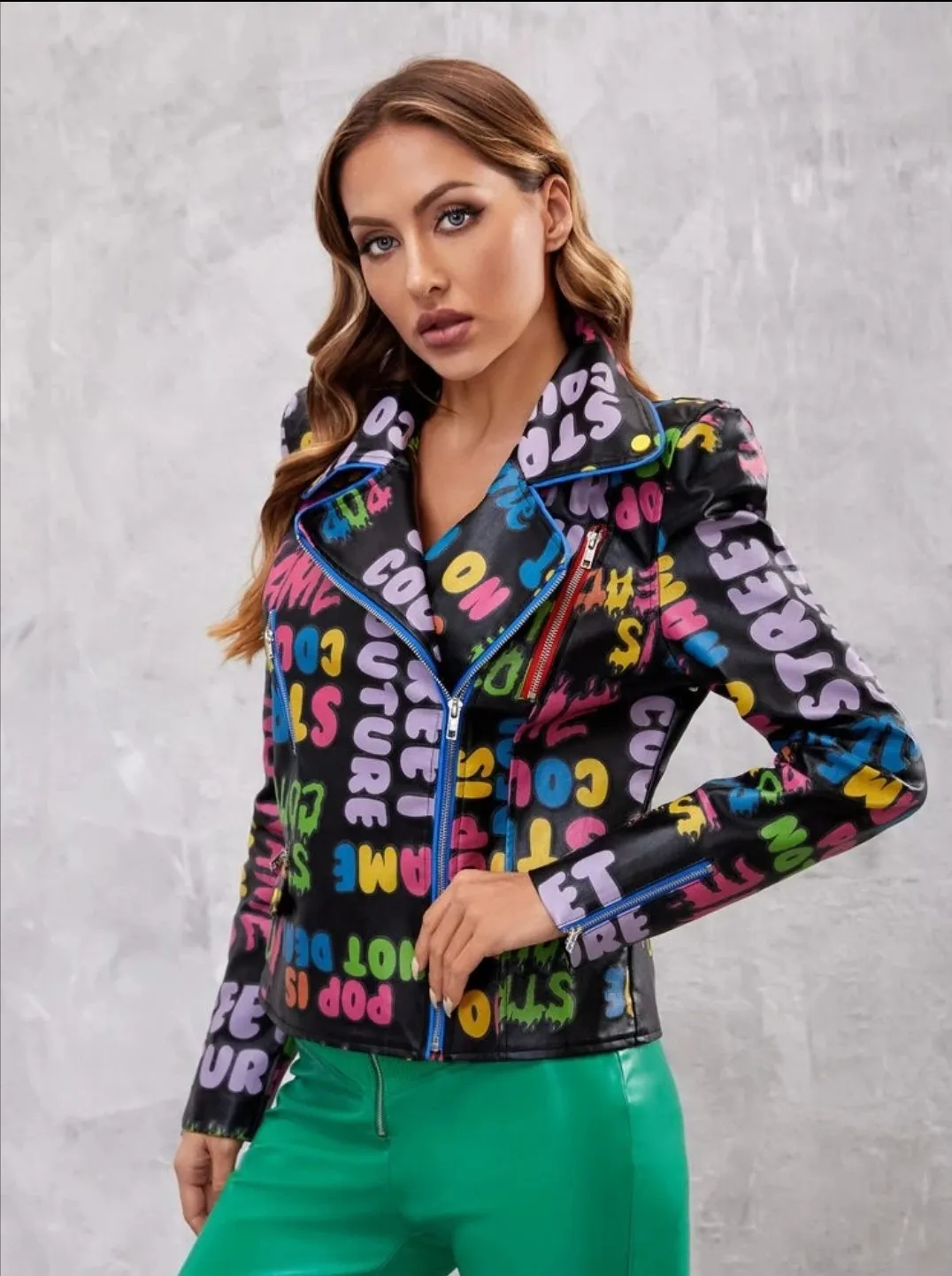 Cartoon and Letter Graphic Moto Jacket