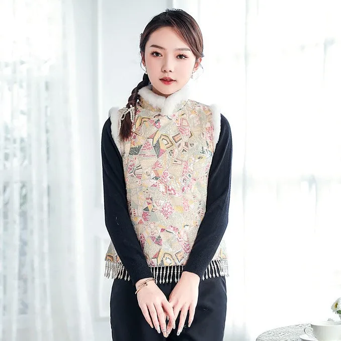 Copy of Fur Collar & Cuff Chinese Style Thick Waistcoat Vest with Tassels