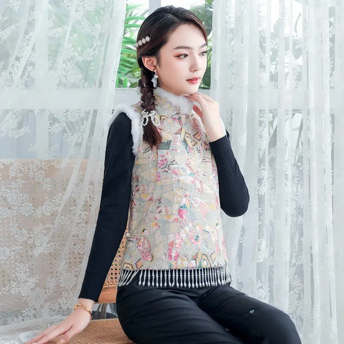 Copy of Fur Collar & Cuff Chinese Style Thick Waistcoat Vest with Tassels