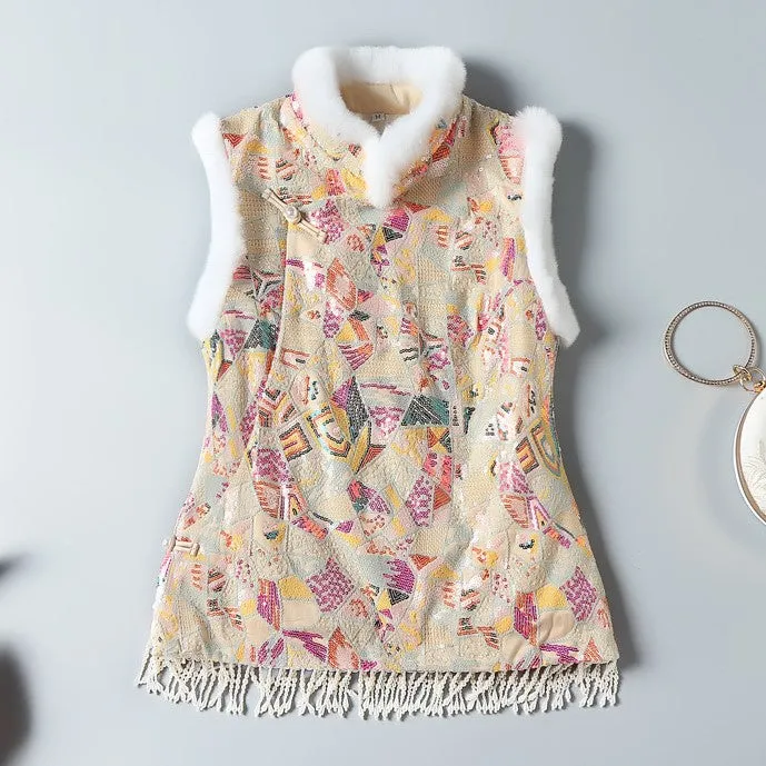 Copy of Fur Collar & Cuff Chinese Style Thick Waistcoat Vest with Tassels