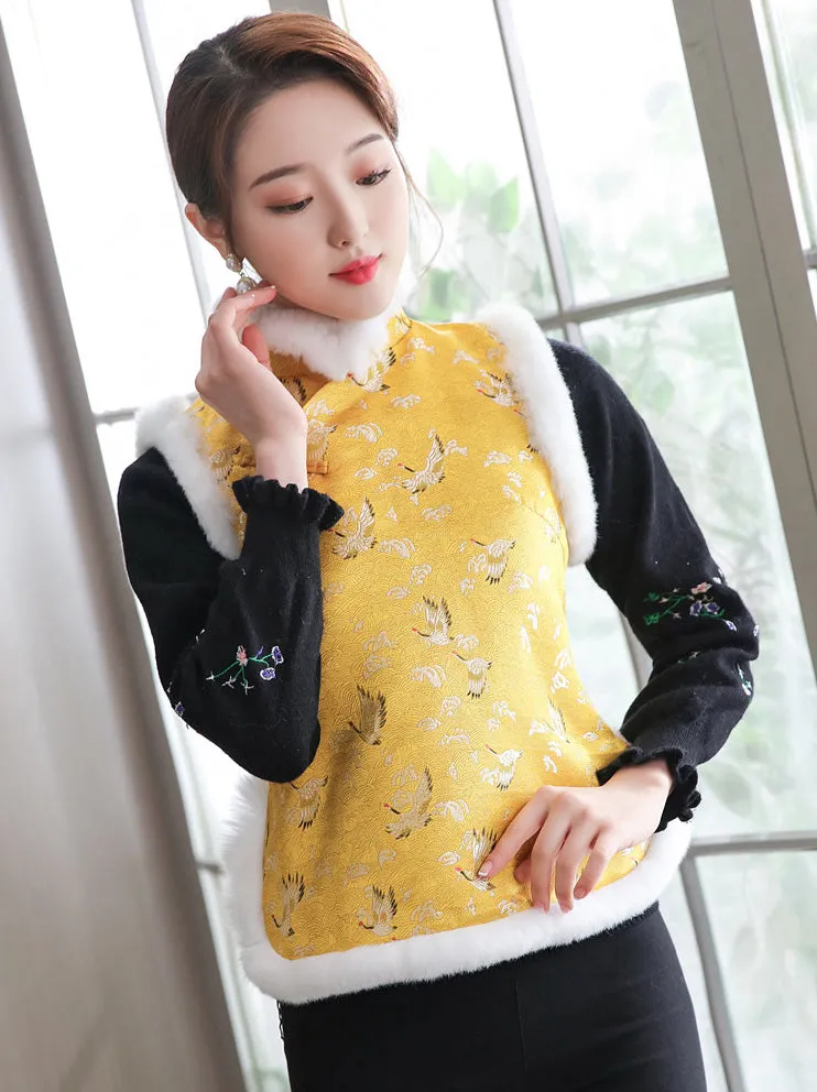 Crane Pattern Brocade Fur Edge Chinese Wadded Waistcoat Vest