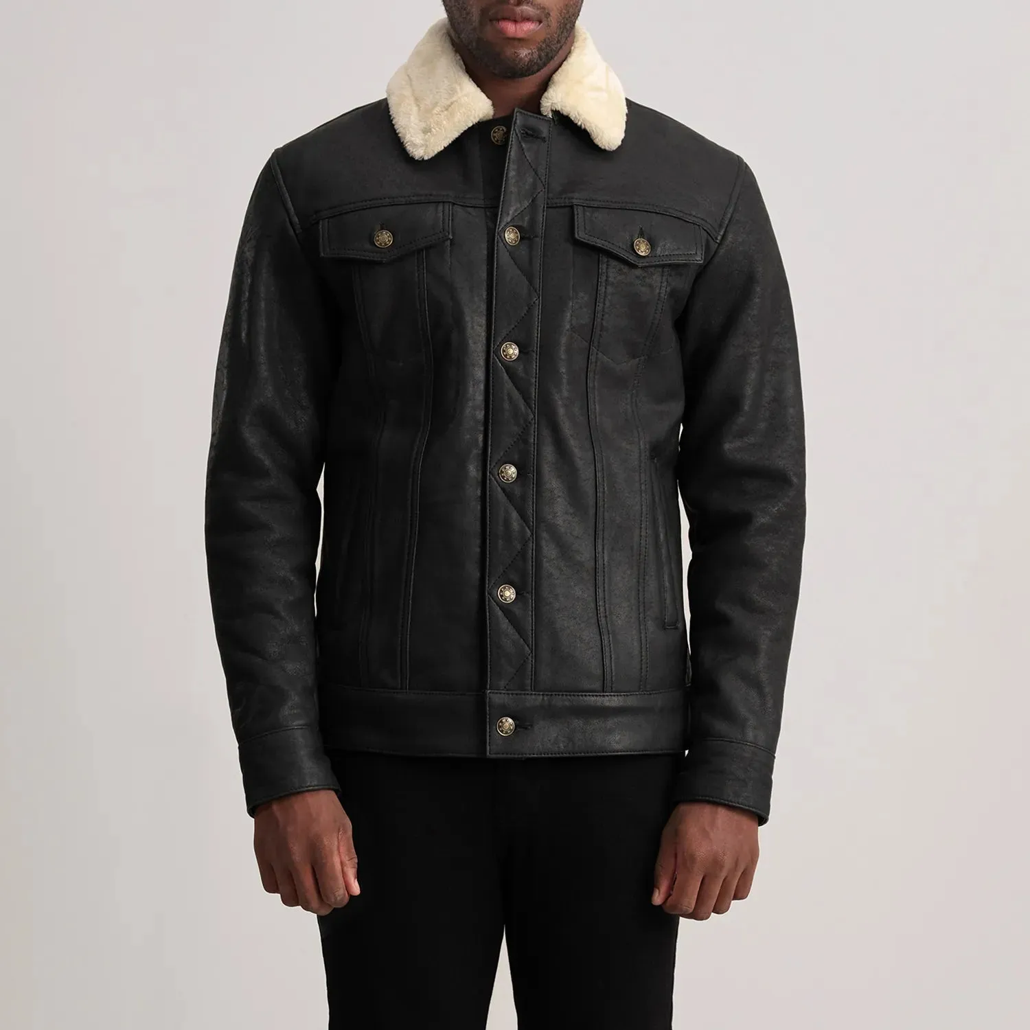 Dallis Tumbled Black Shearling Trucker Jacket