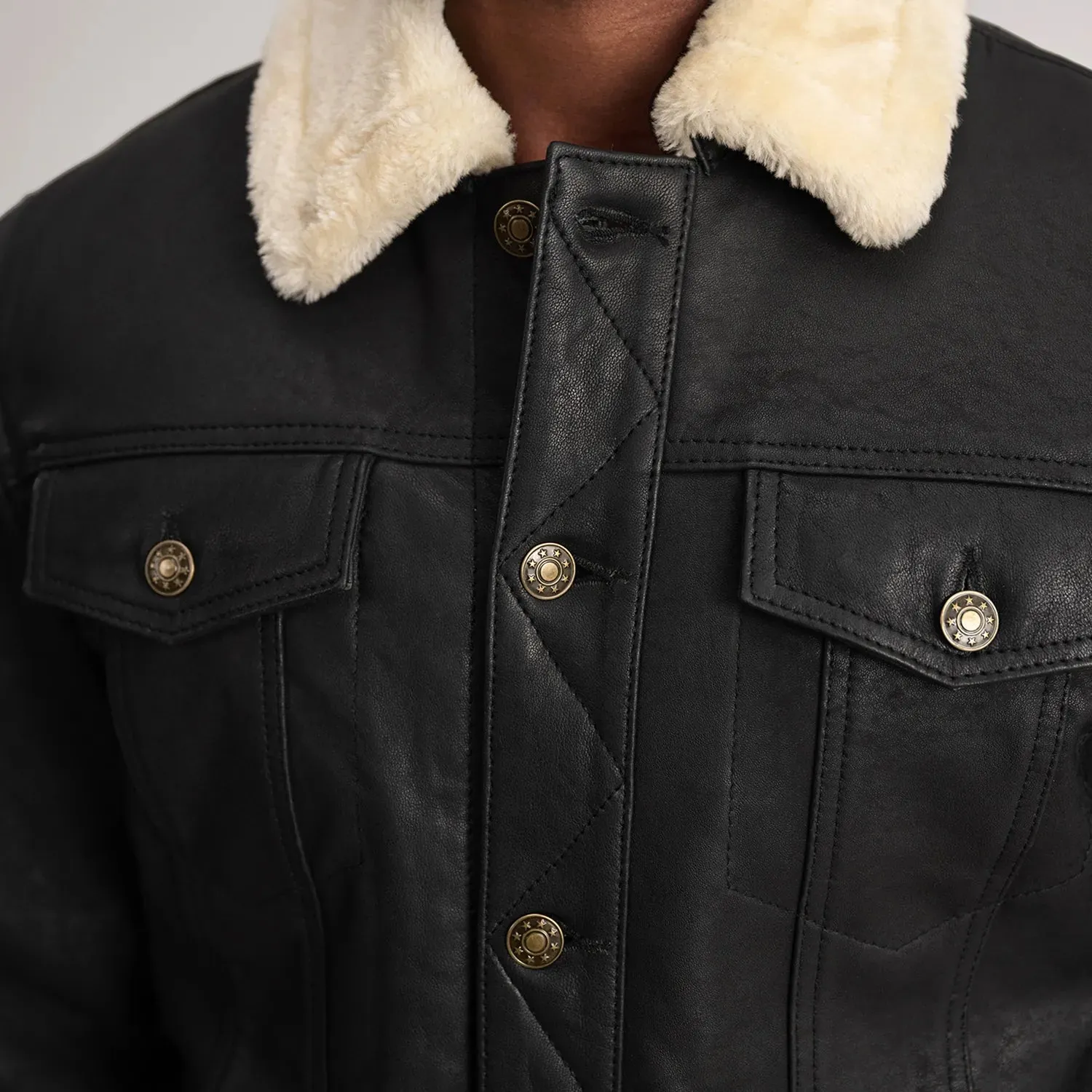 Dallis Tumbled Black Shearling Trucker Jacket