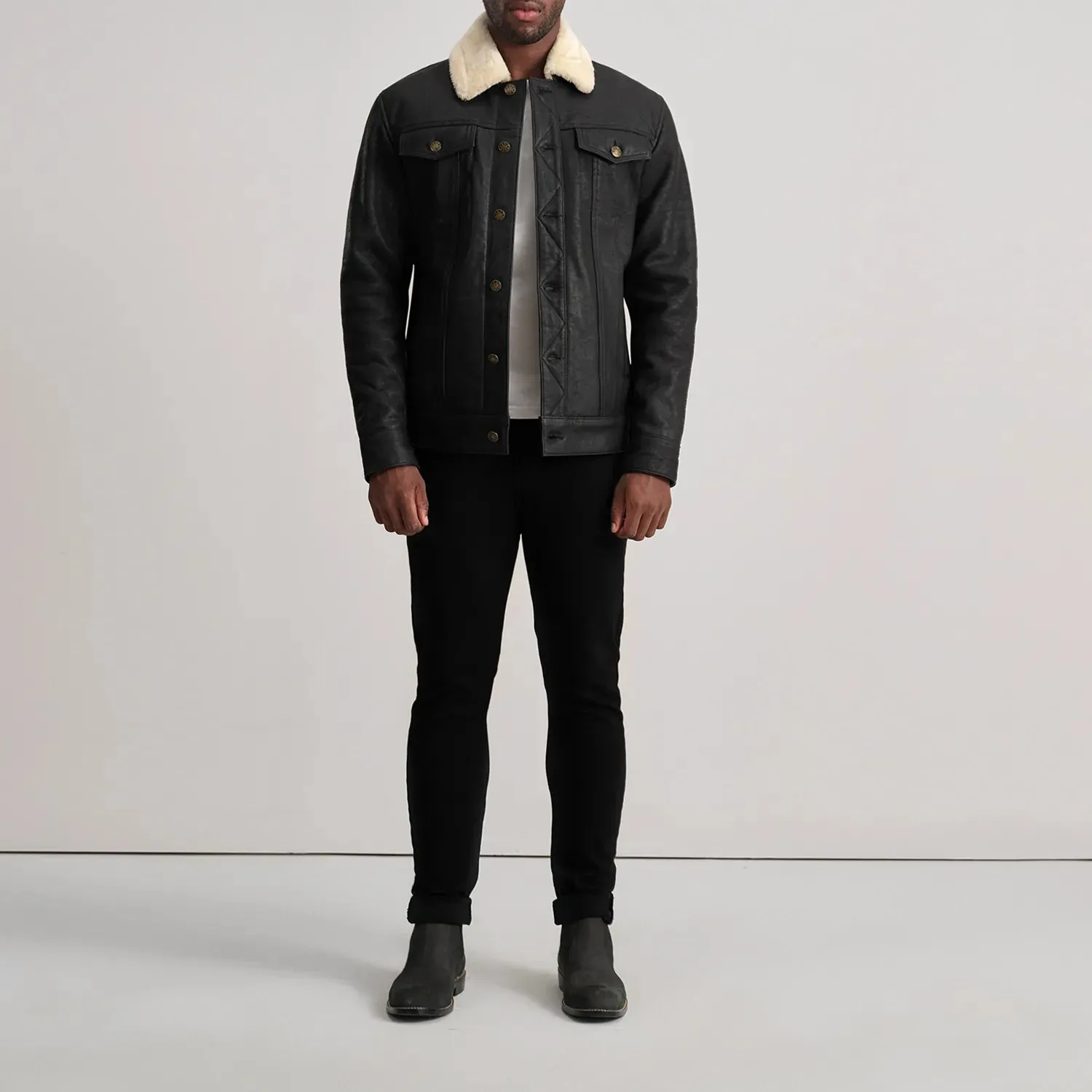 Dallis Tumbled Black Shearling Trucker Jacket