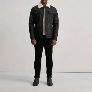 Dallis Tumbled Black Shearling Trucker Jacket