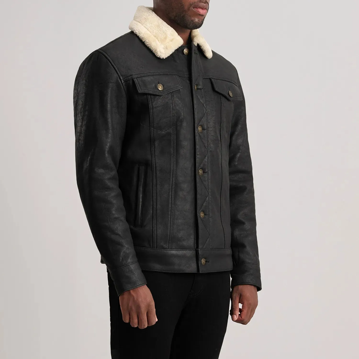 Dallis Tumbled Black Shearling Trucker Jacket