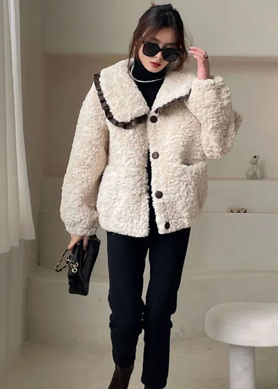 diy Apricot Peter Pan Collar Button Faux Fur Winter Coat