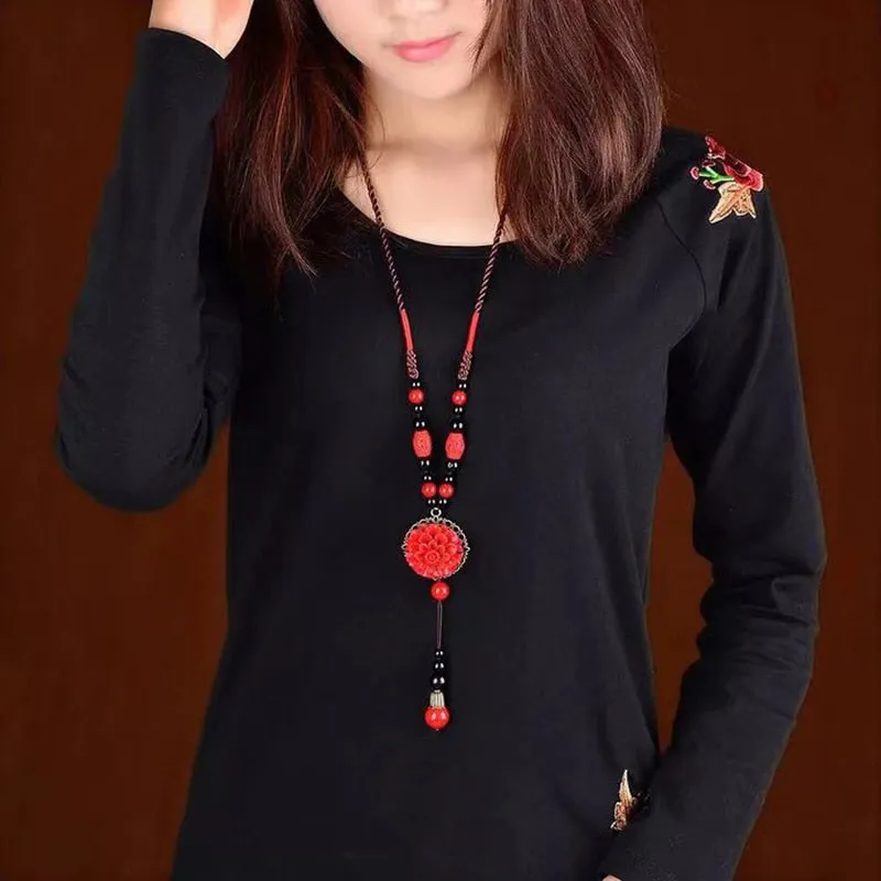 Ethnic Pendant Necklace Charm Crystals Long Necklace