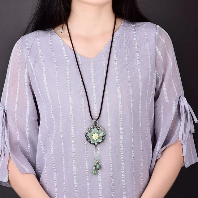 Ethnic Pendant Necklace Charm Crystals Long Necklace
