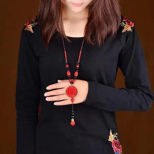 Ethnic Pendant Necklace Charm Crystals Long Necklace