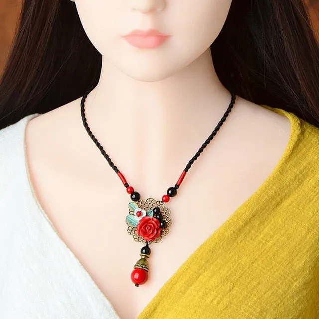 Ethnic Pendant Necklace Charm Crystals Long Necklace