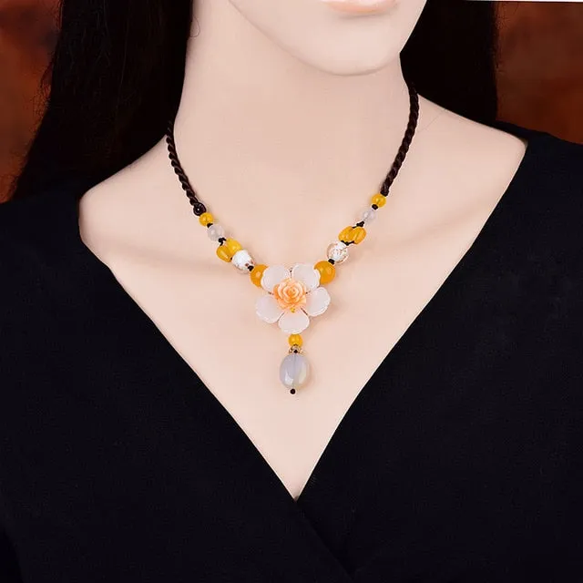 Ethnic Pendant Necklace Charm Crystals Long Necklace