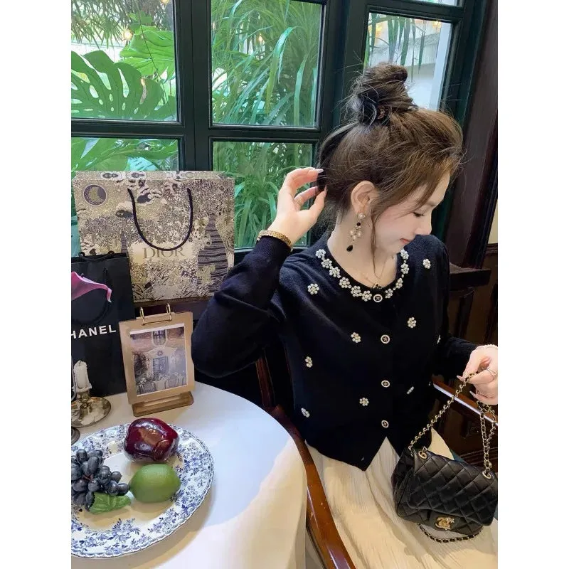 Fashionkova Knitted Long Sleeved Cardigan Women Slim Fit Soft Elastic Sweater Top Flower Beaded Elegant Black White Autumn Winter