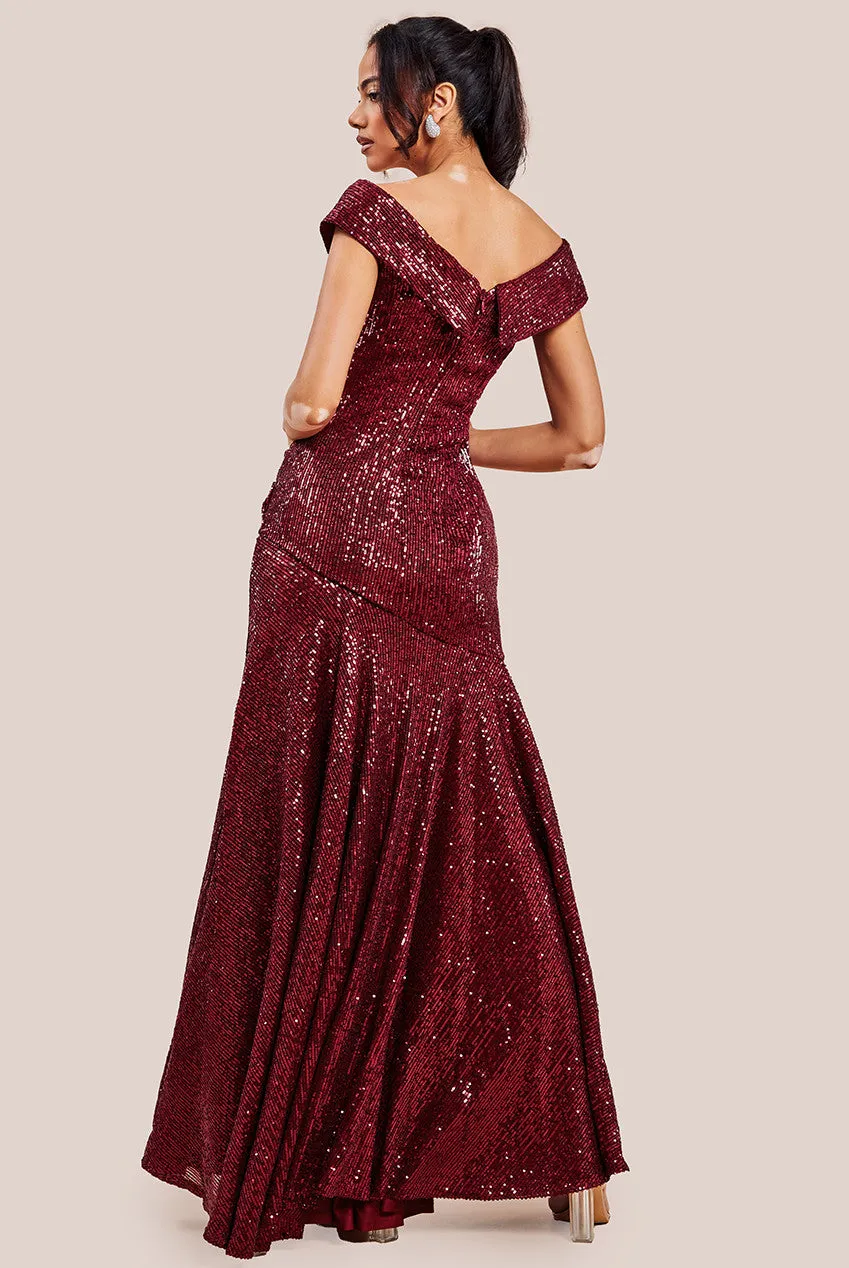 Goddiva Bardot Sequin Pleated Maxi Dress - Wine