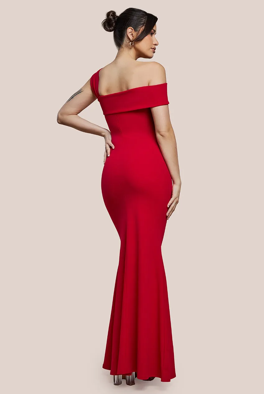 Goddiva Off The Shoulder Pleated Waist Maxi Dress - Red