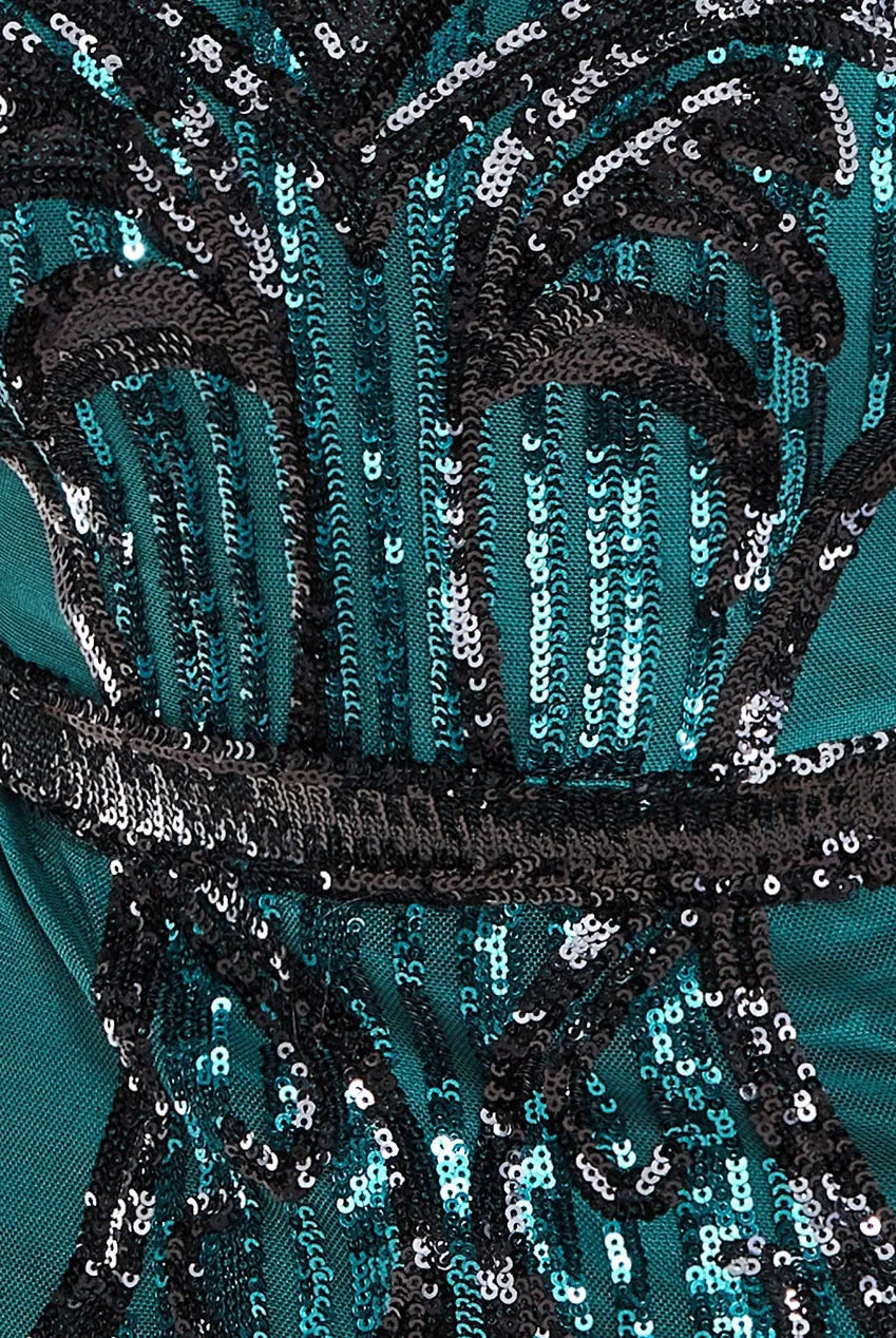 Goddiva Sequin & Mesh Embroidered Midi Dress - Emerald Green