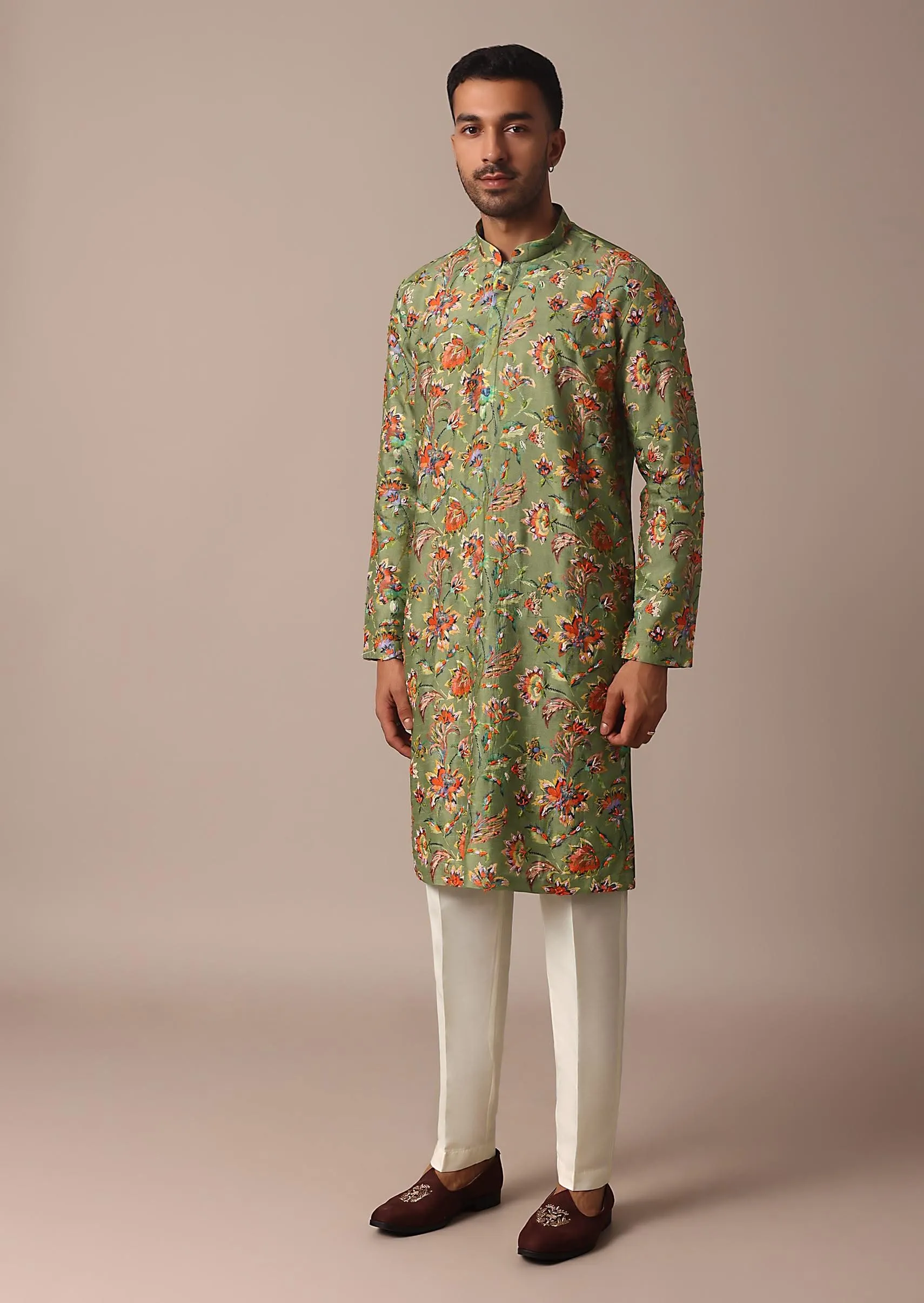Green Silk Kurta Set With Intricate Floral Handwork