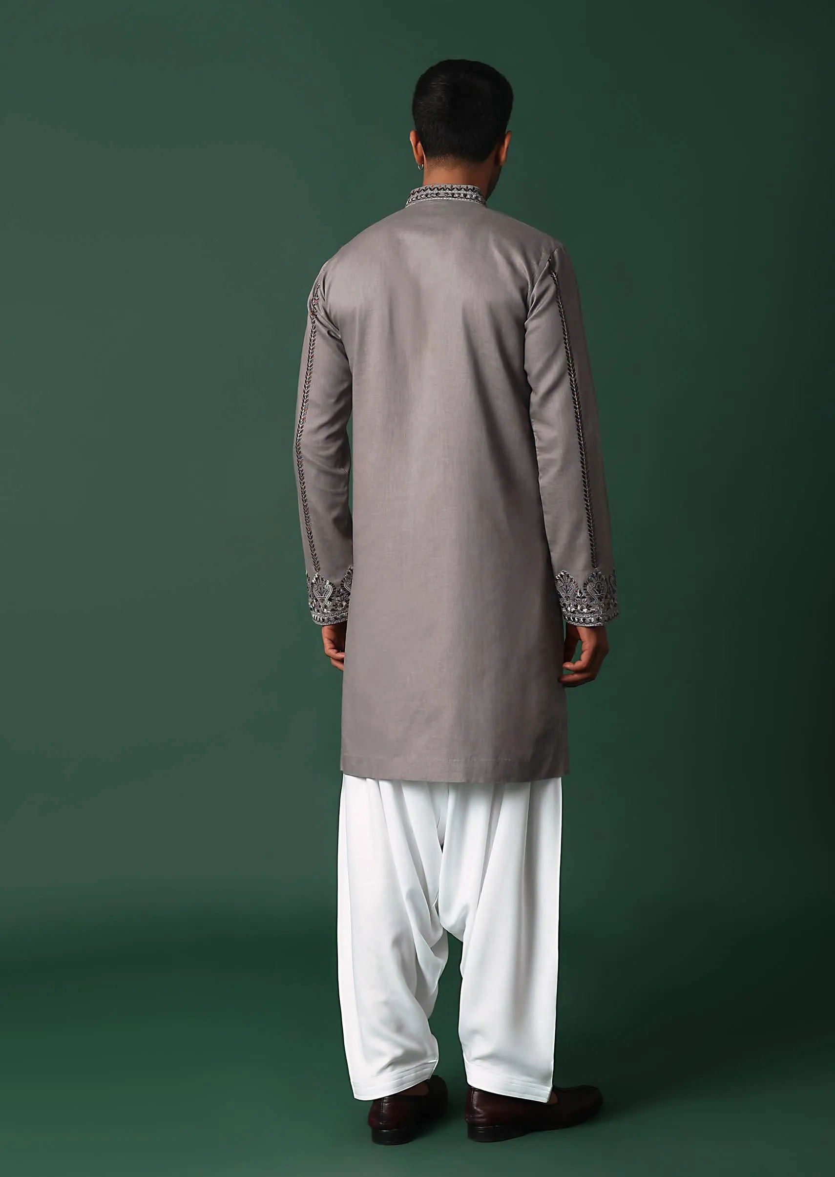 Grey Linen Kurta Set With Handwork Embroidery