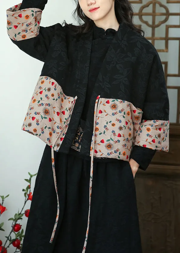 Jacquard Black Lace Up Print Cotton Filled Coat Fall ML0012