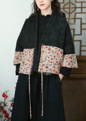 Jacquard Black Lace Up Print Cotton Filled Coat Fall ML0012