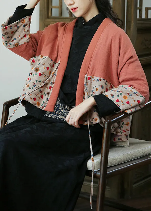 Jacquard Black Lace Up Print Cotton Filled Coat Fall ML0012
