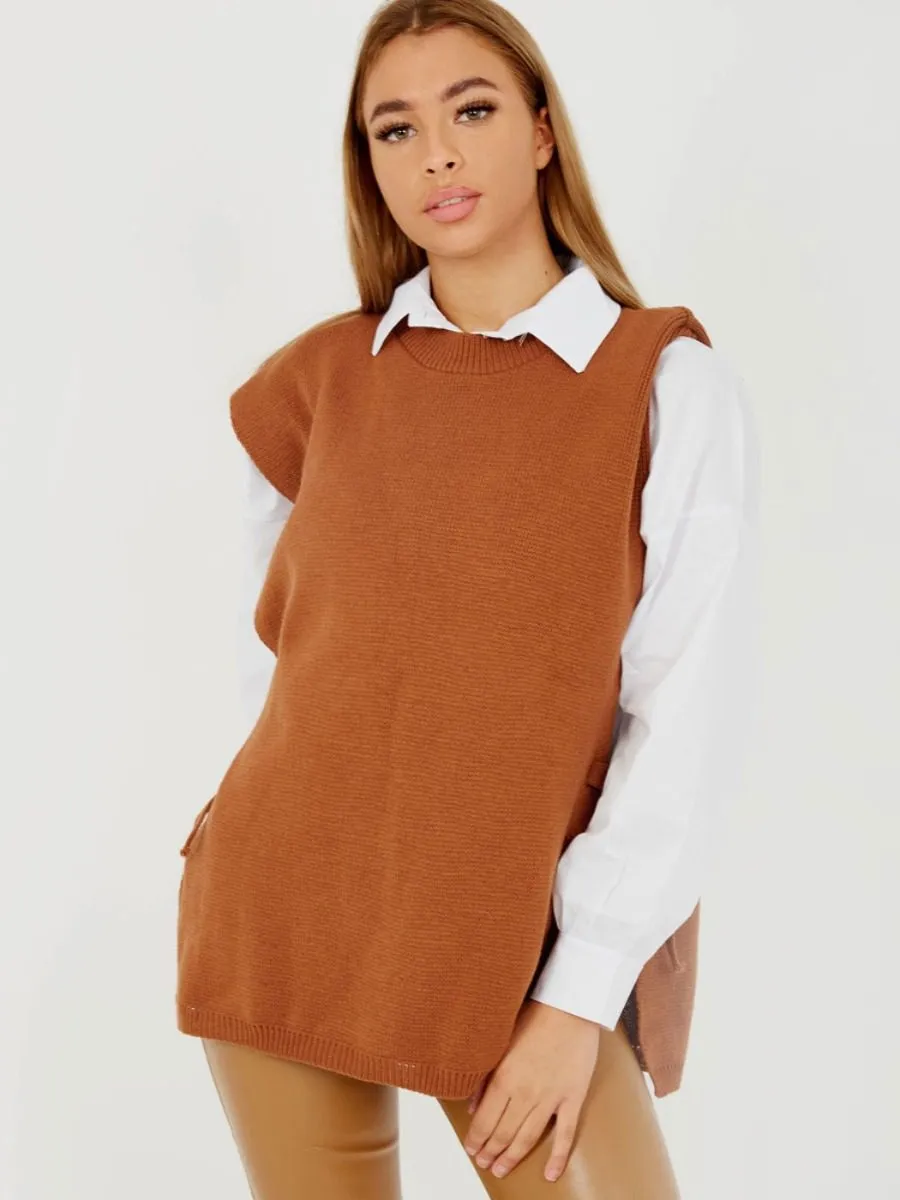 Kathrine Tie Side Crew Neck Knitted Vest In Rust