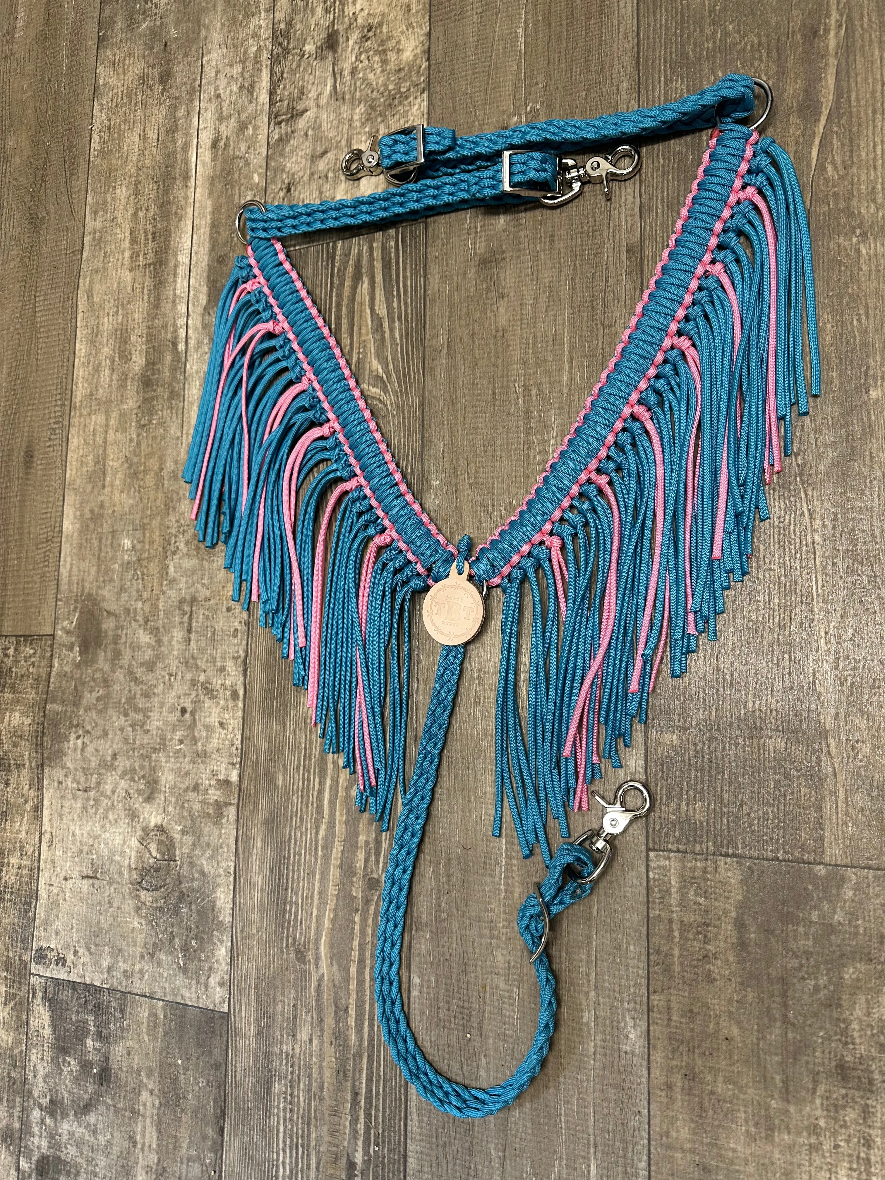 Light pink and neon turquoise  fringe breast collar