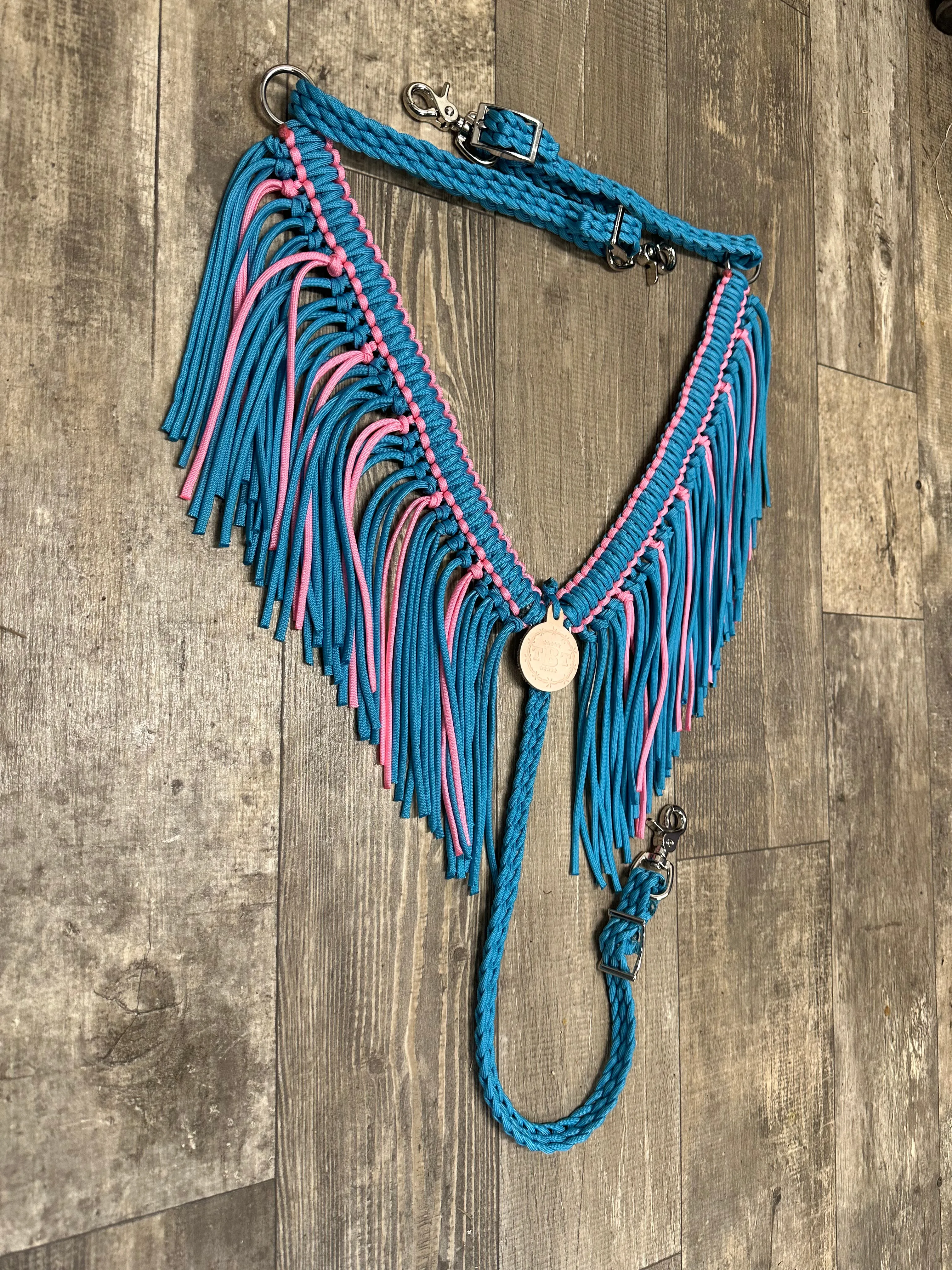 Light pink and neon turquoise  fringe breast collar