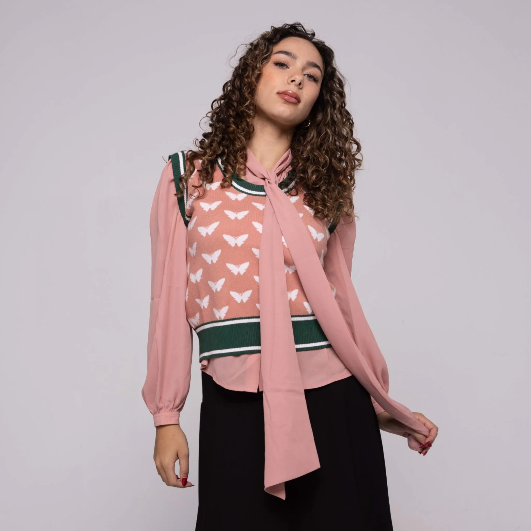 Mauve Puff Sleeve Tie Front Blouse