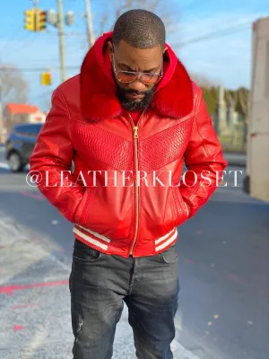 Men's Real Python And Leather Bomber Jacket W/ Fox Men's Real Python And Leather Bomber Jacket W/ Fox