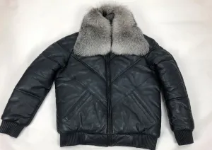 Men's V-Bomber Navy Premium Silver Fox Collar