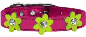 Metallic Flower Leather Collar Metallic Pink With Metallic Lime Green Flowers Size 14