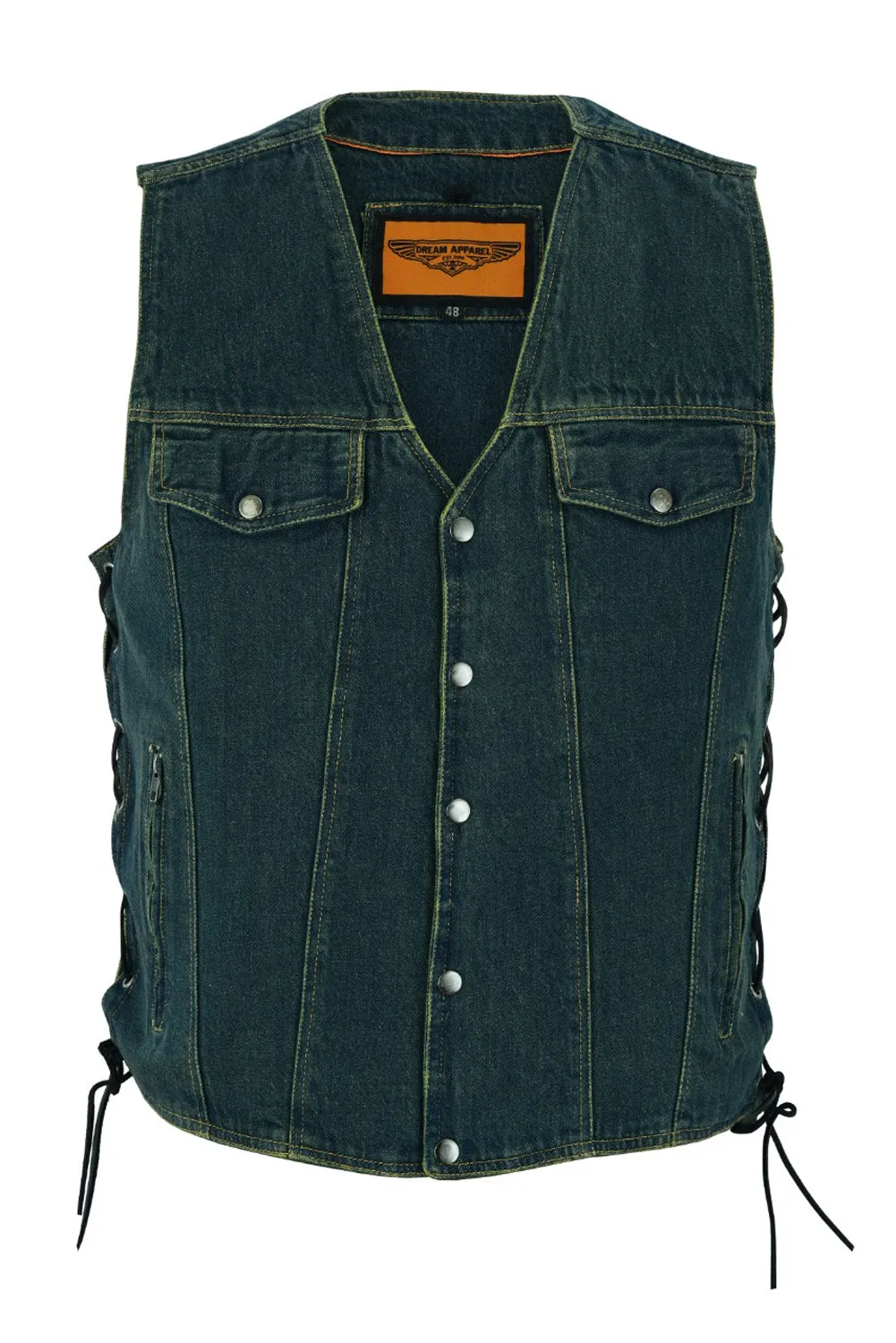 Motorcycle Denim Vest Side Laces V-collar Front Zipper Pockets