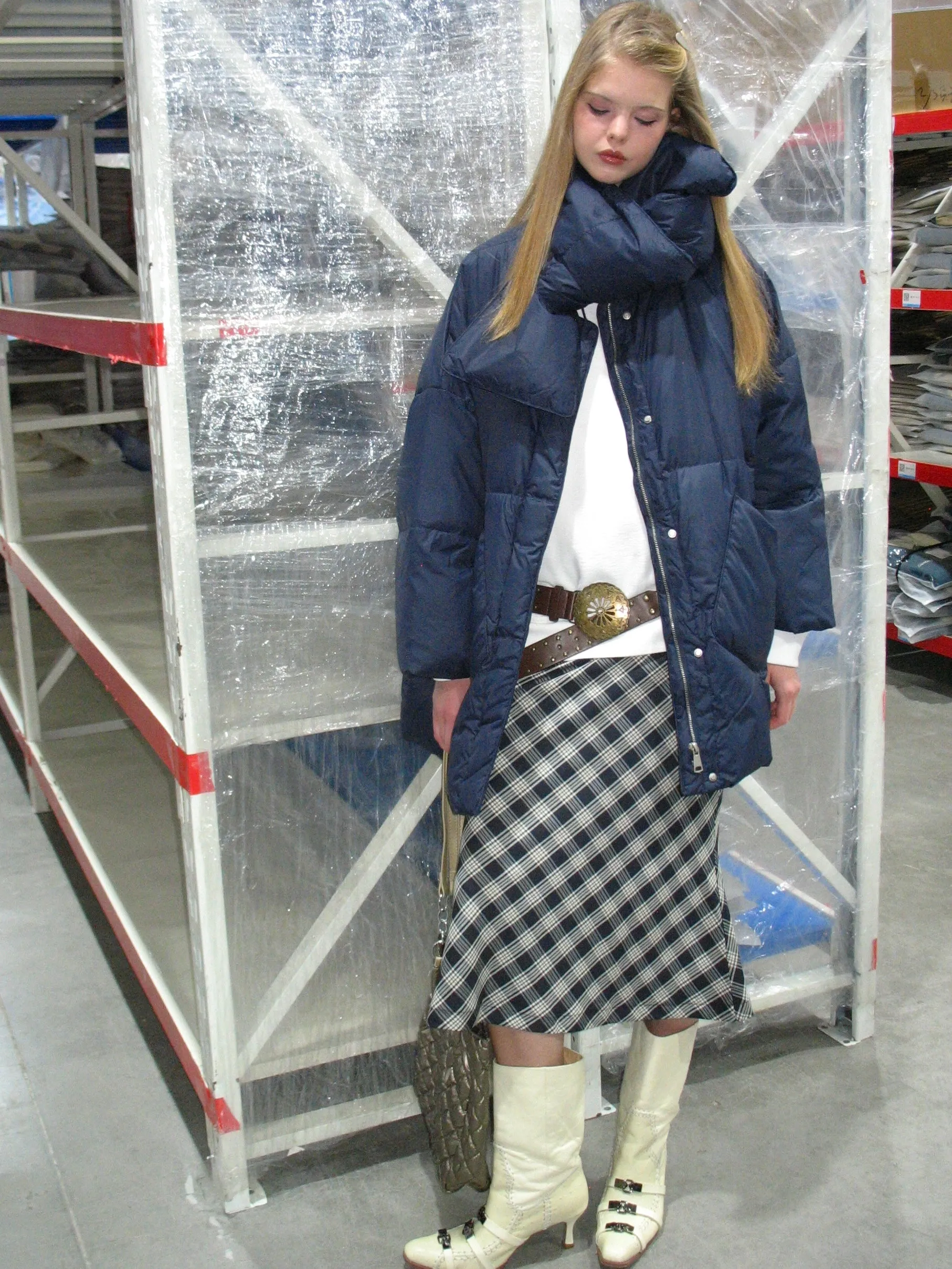 Navy Blue Down Jacket with Scarf