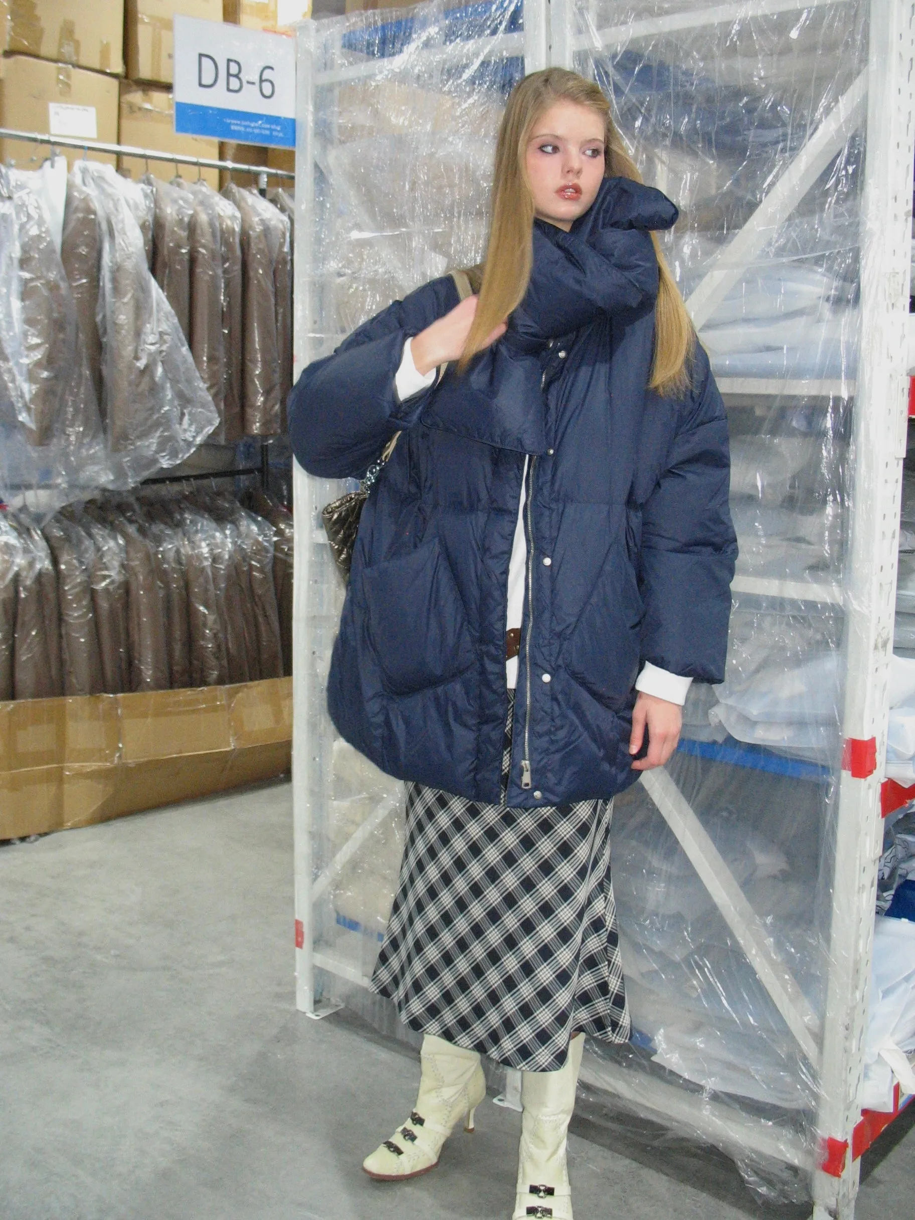Navy Blue Down Jacket with Scarf