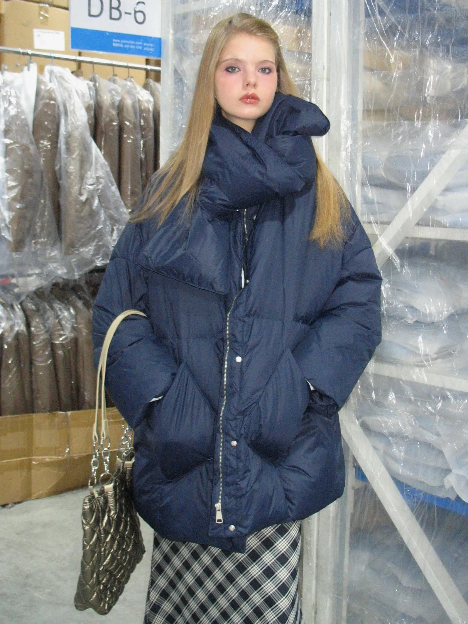 Navy Blue Down Jacket with Scarf