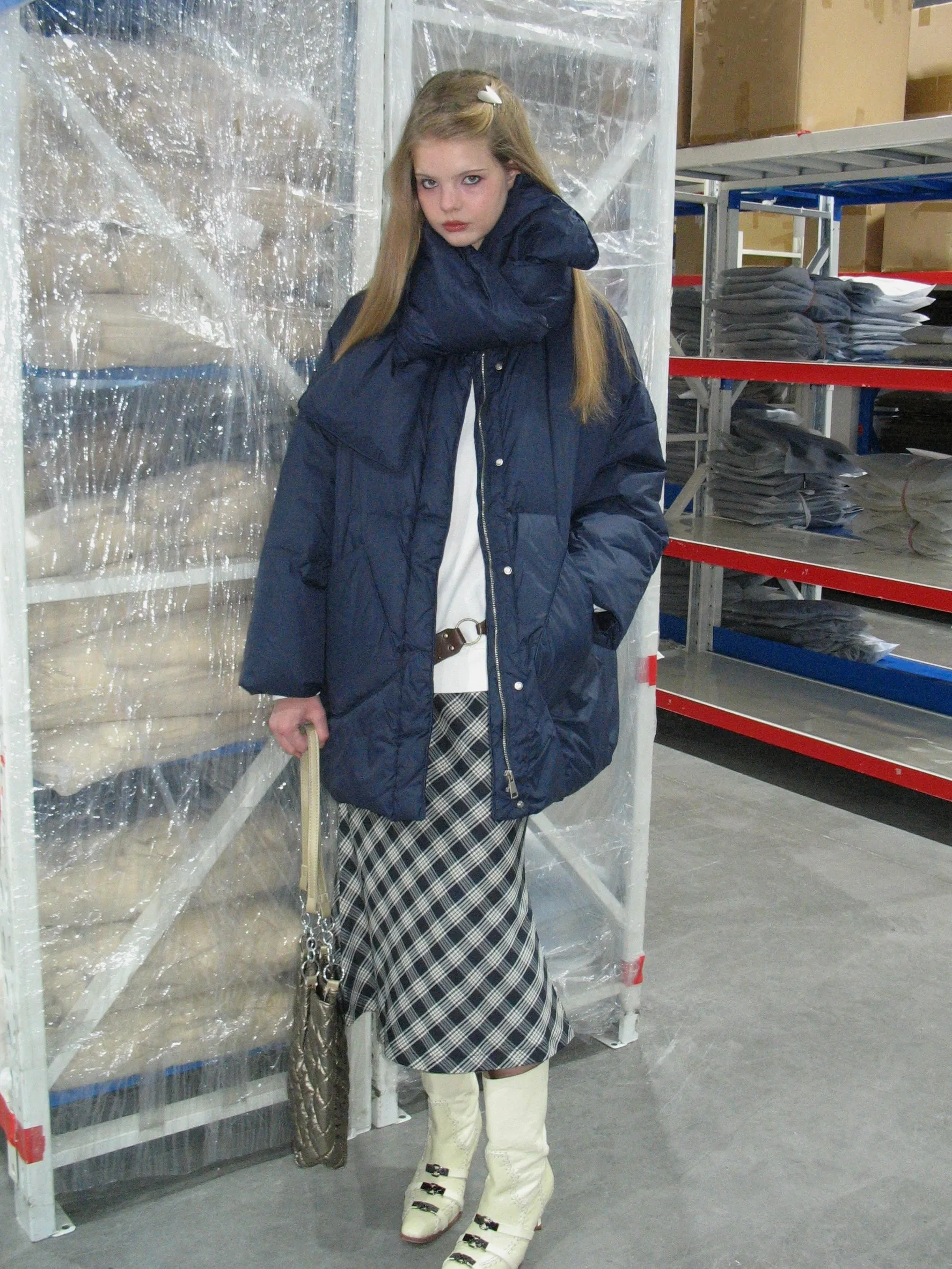 Navy Blue Down Jacket with Scarf