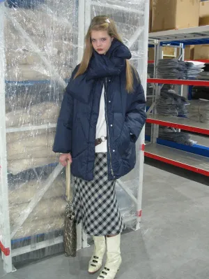 Navy Blue Down Jacket with Scarf