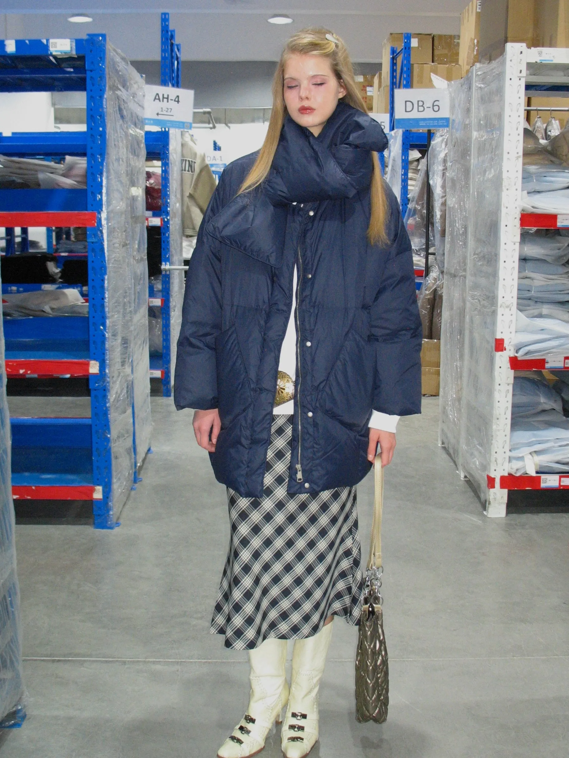 Navy Blue Down Jacket with Scarf