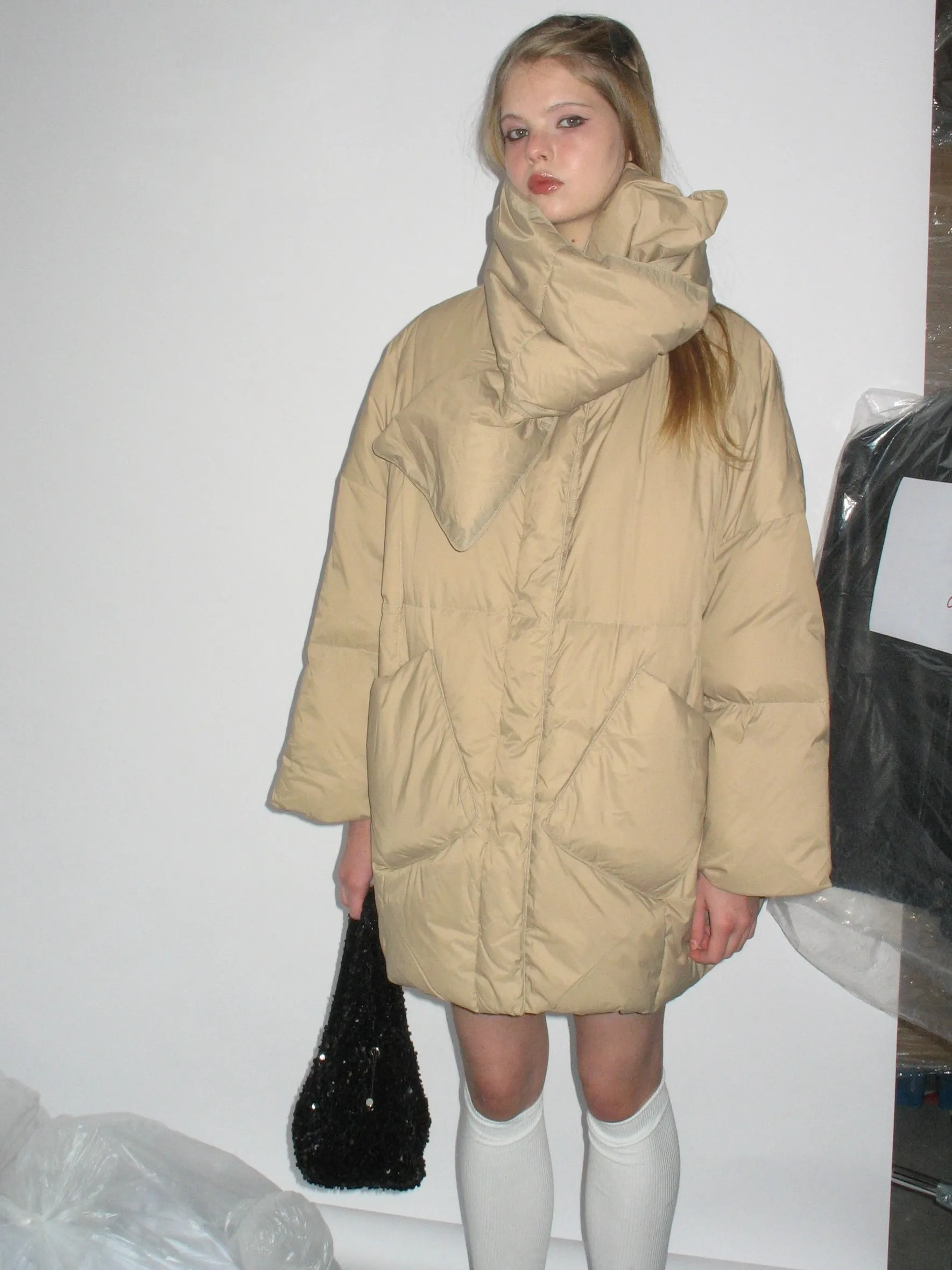 Navy Blue Down Jacket with Scarf