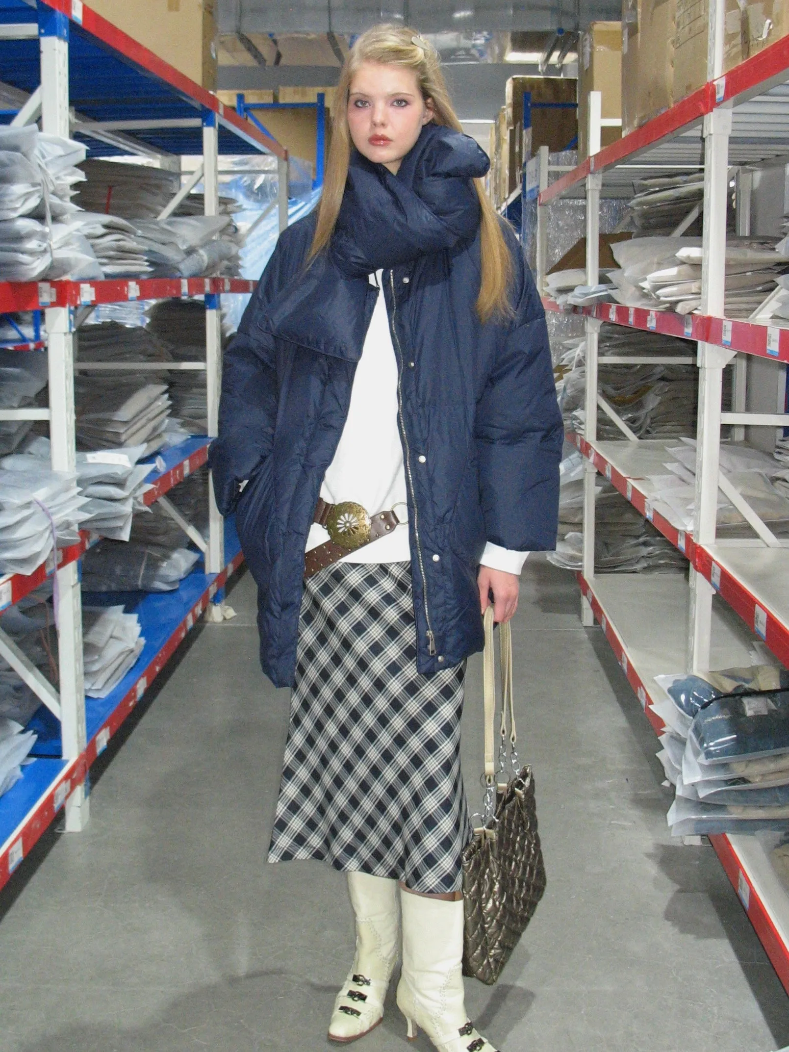 Navy Blue Down Jacket with Scarf