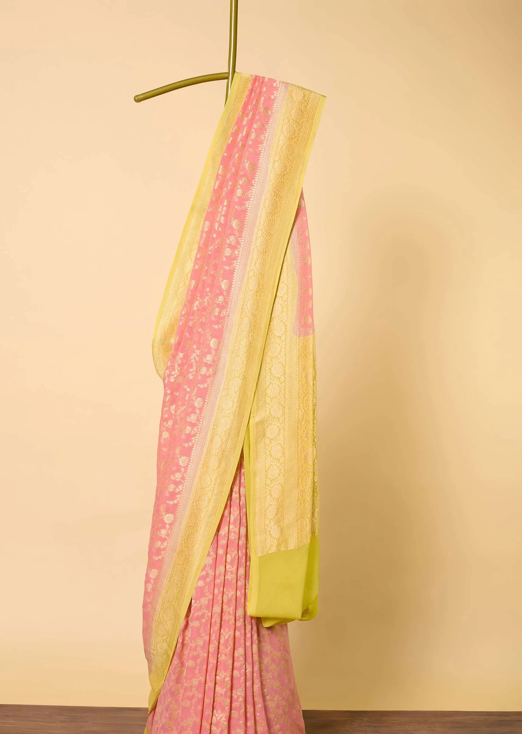 Orange Banarasi Saree With Floral Zari Jaal