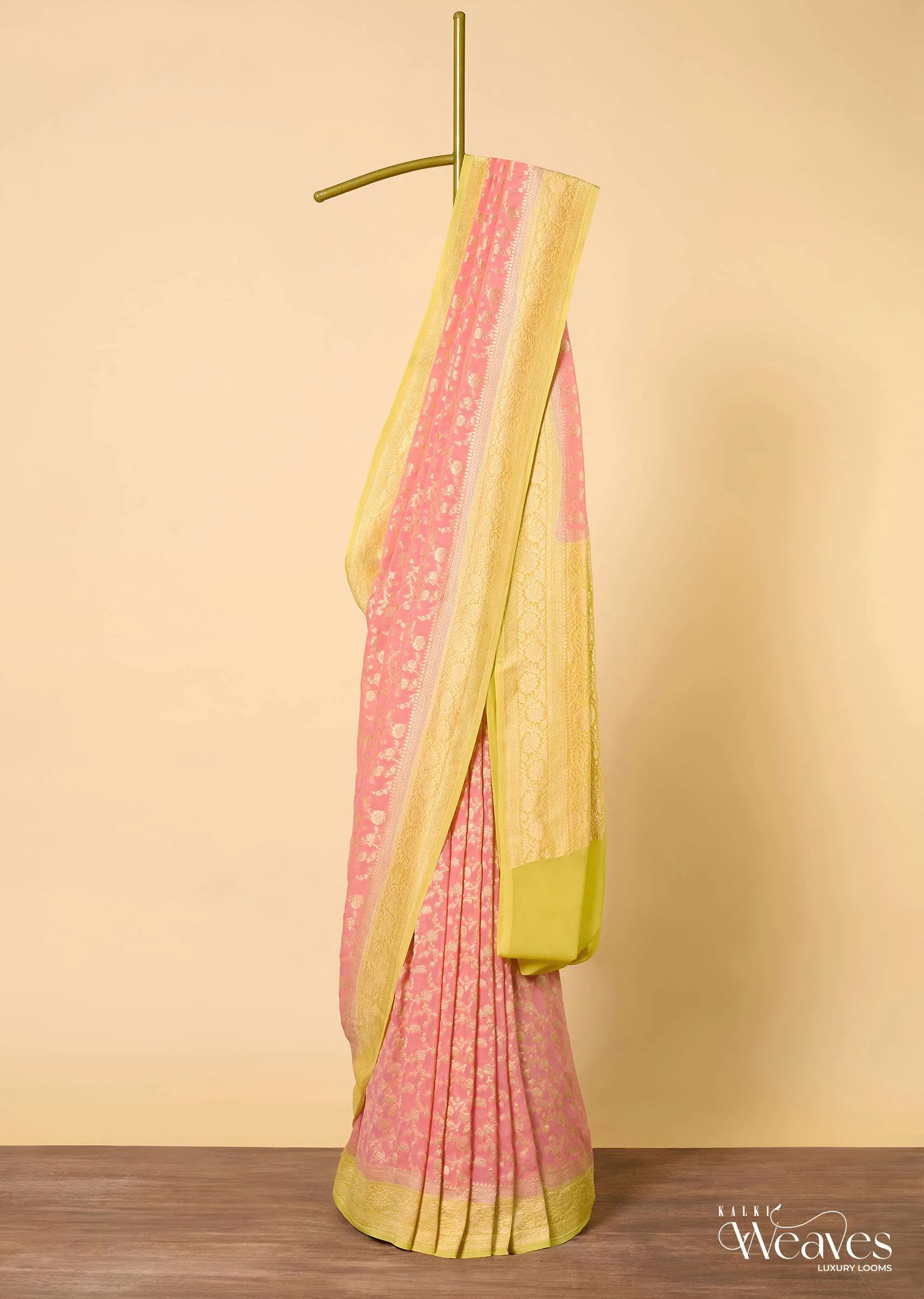 Orange Banarasi Saree With Floral Zari Jaal