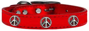 Peace Sign Widget Genuine Metallic Leather Dog Collar Red 12