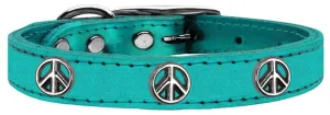 Peace Sign Widget Genuine Metallic Leather Dog Collar Turquoise 14
