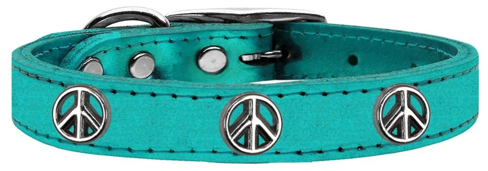 Peace Sign Widget Genuine Metallic Leather Dog Collar Turquoise 14